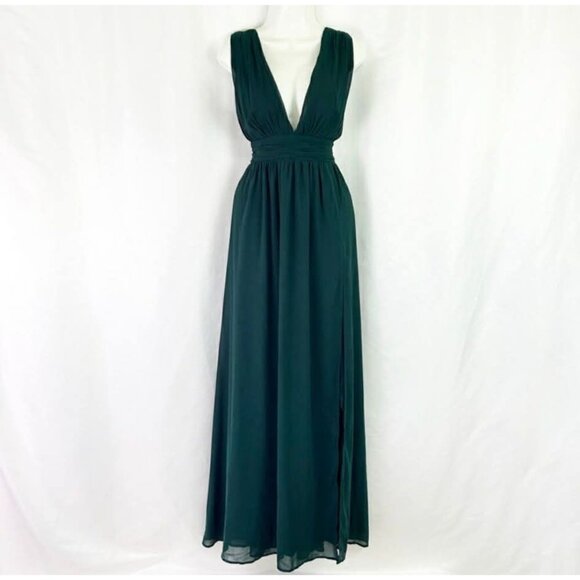 Lulus Emerald Green Maxi Dress With Plunging Neckline & Side Slit Size Large - Picture 2 of 12